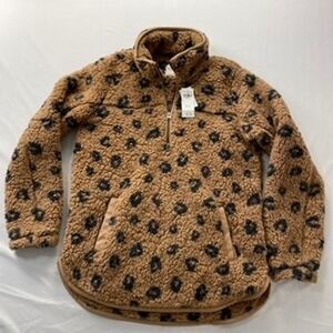 Abercrombie & Fitch Leopard Sherpa Fleece Quarter Zip Pullover Tan Black M